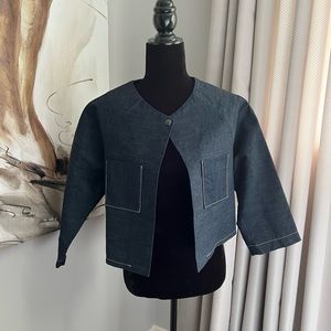 Boxy Dark Blue Denim Jacket with Front Patch Pockets
